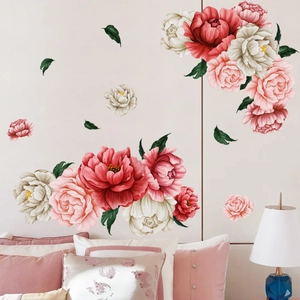 Peony flower wall stickers with red and pink blossoms for living room wall decor