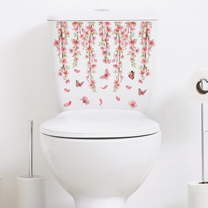 Elegant floral toilet sticker with pink hanging blossoms and butterflies on white tank