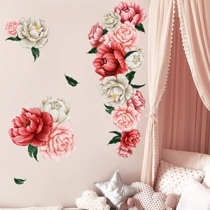 Romantic peony flower wall decals in red and pink for bedroom or living room decoration