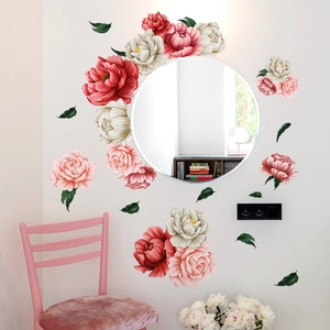 Detailed realistic peony wall decals featuring red and pink flowers around a round mirror