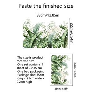 Detailed dimensions of tropical monstera leaf wall stickers with gold accents and layout