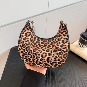 Women Leopard Print PU Leather Crescent Shoulder Bag Vintage Hobo Underarm Bag Trendy Street Style Small Crossbody Purse