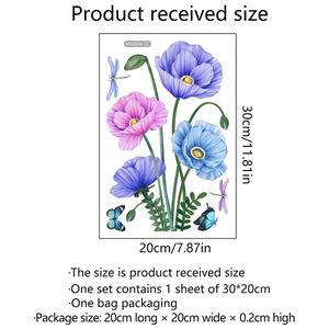 Detailed size specifications for flower wall stickers featuring purple poppies and insects