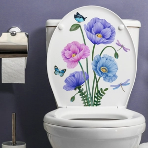 Floral toilet seat decal with colorful poppies, butterflies, and dragonflies decoration