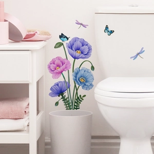 Floral wall stickers featuring purple poppies and butterflies on a white bathroom wall