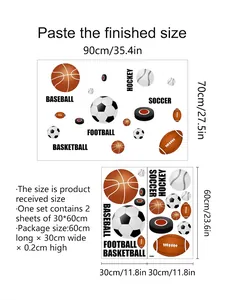 Detailed size chart for sports ball wall stickers with 90x70cm finished dimensions
