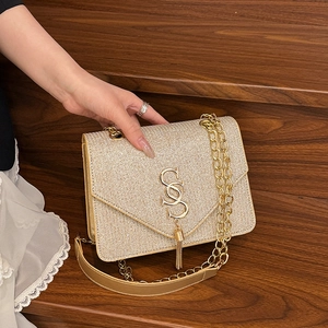 Sac à Bandoulière en Cuir PU à Paillettes pour Femme Petit Sac Carré Mode à Rabat avec Chaîne en Métal Doré