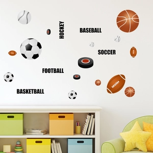 Self-adhesive sports theme wall decals featuring assorted balls and athletic lettering
