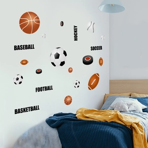 Detail view of sports wall stickers featuring soccer, basketball, and baseball motifs