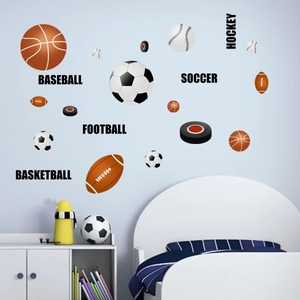 Colorful sports ball wall stickers featuring soccer, basketball, and baseball for kids room