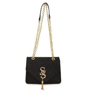 Petit sac bandoulière à paillettes noires avec chaîne dorée et détail de gland