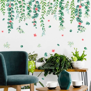 Vinilos decorativos de enredaderas verdes con flores rosas para decoración de salón