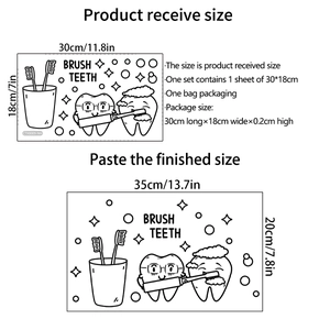 Detailed size chart for toothbrush and teeth wall stickers showing 30x18cm layout dimensions