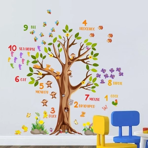 Detail of educational wall sticker featuring a cartoon tree with numbers and animals