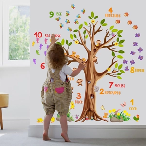 Cartoon animal tree wall sticker for kids room with educational numbers and forest animals