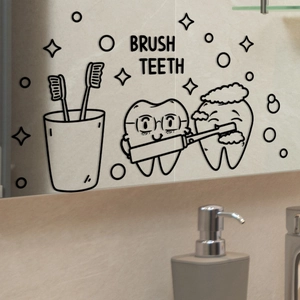 Funny bathroom wall sticker featuring cartoon teeth and toothbrushes with Brush Teeth text