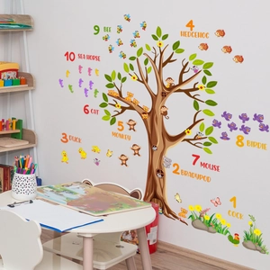 Educational cartoon tree wall decal with colorful numbers 1-10 and animals for kids room