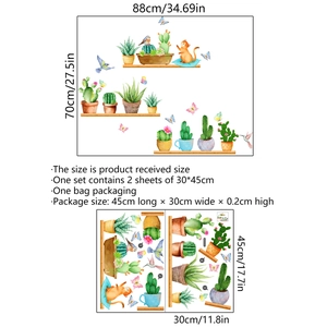 Watercolour cactus and cat wall stickers for living room home decor 88x70cm size