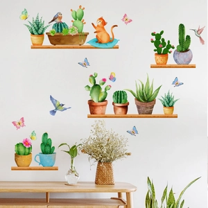 Watercolor potted plants wall sticker with cactus, cats and birds for living room decor
