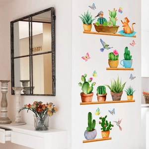 Detailed wall sticker set featuring watercolor potted plants and a cat on a wooden shelf