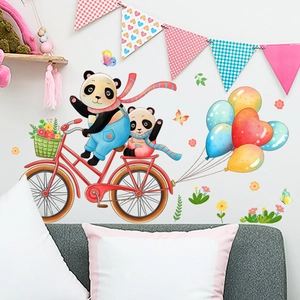 Cartoon panda cycling with colorful balloons wall decal for nursery and home decor
