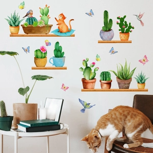 Self-adhesive wall stickers with watercolor potted plants, cacti, and cats for living room decor