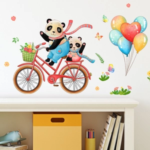 Cartoon pandas riding bicycles with heart balloons wall decal set for kids room decor