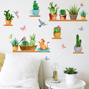 Detail of watercolor potted plants wall decals featuring a cat and wooden shelves scene