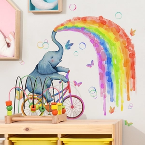 Sticker mural éléphant à vélo avec arc-en-ciel aquarelle pour chambre d'enfant