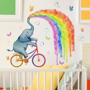 Sticker Mural Éléphant Dessin Animé Arc-en-ciel Aquarelle Décoration Chambre Bébé PVC Décalcomanies Amovibles Papillon Bulles Murale d'Art