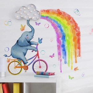 Stickers muraux enfant avec éléphant bleu à vélo, arc-en-ciel aquarelle et papillons colorés