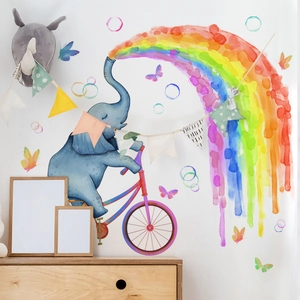 Stickers muraux éléphant à vélo avec arc-en-ciel pour décoration de chambre d'enfant