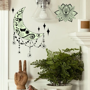 Luminous glow-in-the-dark moon and lotus wall stickers for living room decor