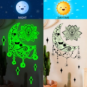 Luminous mandala lotus and moon wall stickers glowing green in the dark night decor