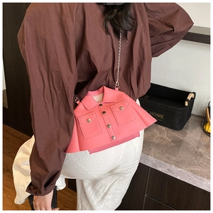 Detailed back view of a pink shirt-style chain bag with metallic buttons and lapel design