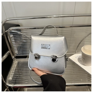 Dettaglio della borsa a tracolla argento metallizzato con doppie fibbie e placca moda