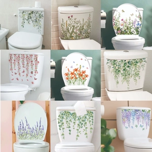 Floral Plants Toilet Lid Stickers Waterproof PVC Wall Decals For Bathroom Home Decoration Botanical Flower Butterfly Pattern