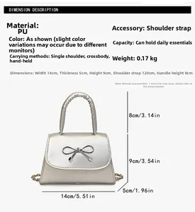Detailed size chart for silver mini PU handbag with bow showing 14cm width and 9cm height