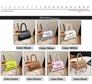 Grid view showing seven colorful mini crossbody bags with bow buckles and chain straps