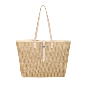 Straw woven tote bag with cream leather handles and metal buckle for summer vacation