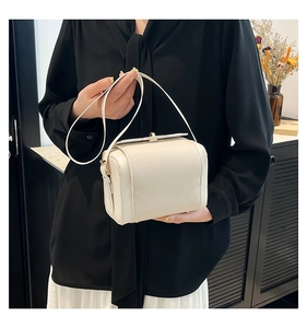 Detail of cream box bag showing lychee grain leather texture and gold metal clasp