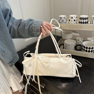 Women Bow Baguette Bag PU Leather Underarm Shoulder Bag Lace Ribbon Sweet Fashion Simple Texture Daily Handbag Purse For Girls