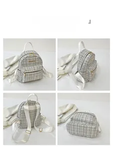 Détails d'un mini sac à dos en tweed à carreaux noir et blanc avec garniture en cuir blanc