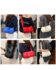 Collage of nylon Boston crossbody bags in four colors shown with adjustable wide straps