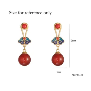 Vintage cloisonne enamel cloud earrings with red agate beads and silver pins