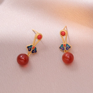 Chinese Retro Drop Earrings Cloisonne Enamel Ruyi Cloud Red Agate Beads Silver Earring Post Ethnic Style Palace Jewelry Women