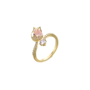 Bague tulipe dorée avec pierre rose en forme de goutte et accents de zircon brillants