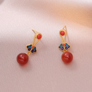 Vintage Chinese style cloisonne enamel earrings with red chalcedony and gold cloud motifs