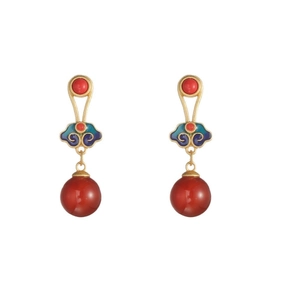 Retro cloisonne cloud earrings with red chalcedony beads and vintage gold finish
