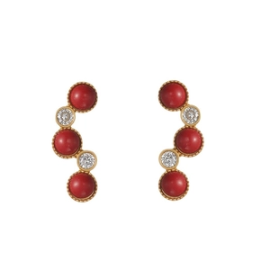 Retro curved earrings with red stones and zircon in golden vintage palace style